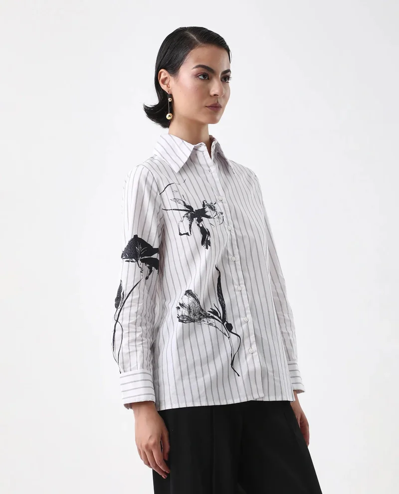 Rareism Women's Floral Placement Print Shirt With Stripes