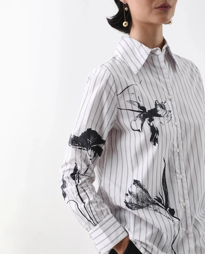 Rareism Women's Floral Placement Print Shirt With Stripes