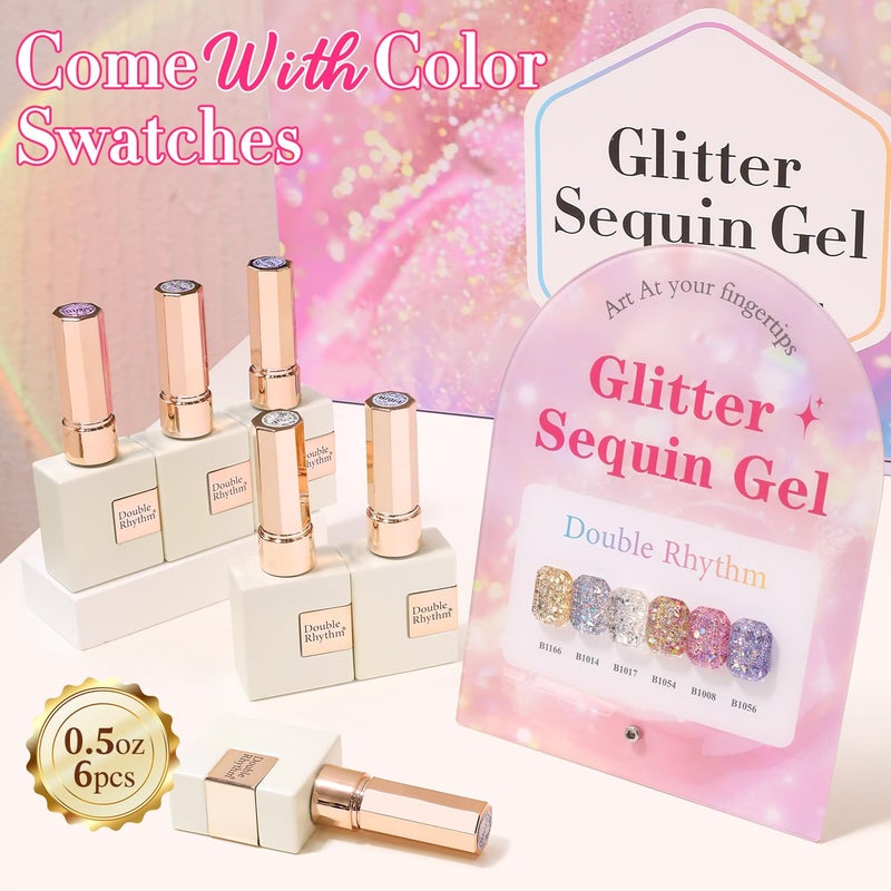 Double Rhythm 0.5 Oz Glitter Gel Polish Set of 6 Color with Display Board 15 ml Full Size Kit Shimmer Reflective Sparkle Soak Off Manicure Salon DIY at Home (Gold Blue Silver Purple Pink-T6-37) - Image 3