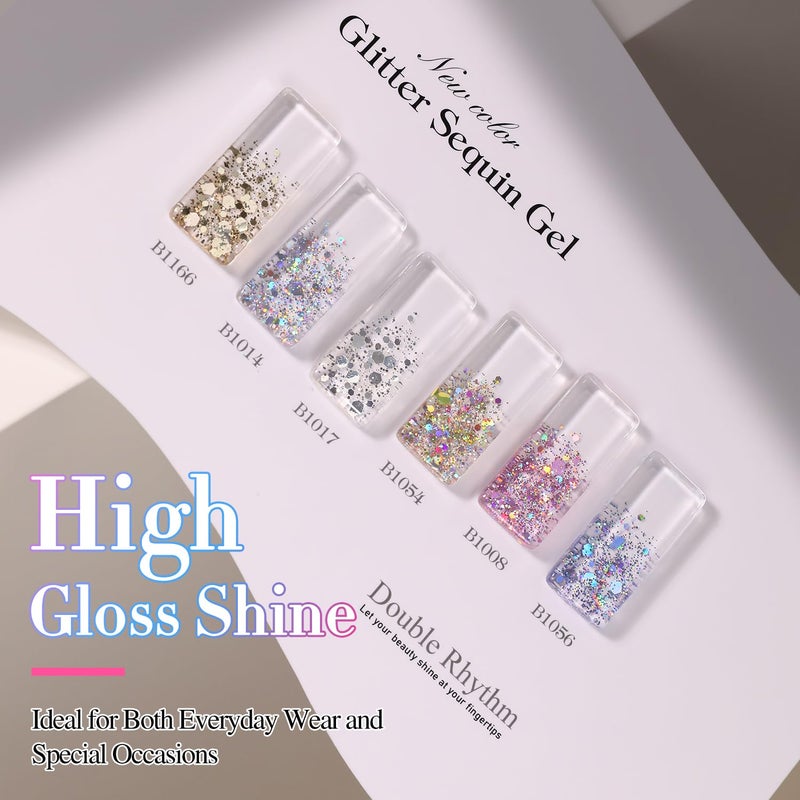 Double Rhythm 0.5 Oz Glitter Gel Polish Set of 6 Color with Display Board 15 ml Full Size Kit Shimmer Reflective Sparkle Soak Off Manicure Salon DIY at Home (Gold Blue Silver Purple Pink-T6-37) - Image 4