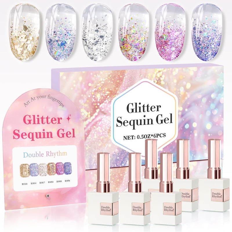 Double Rhythm 0.5 Oz Glitter Gel Polish Set of 6 Color with Display Board 15 ml Full Size Kit Shimmer Reflective Sparkle Soak Off Manicure Salon DIY at Home (Gold Blue Silver Purple Pink-T6-37) - Image 1