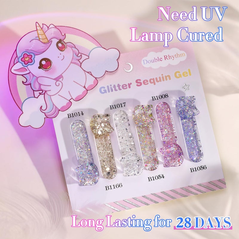 Double Rhythm 0.5 Oz Glitter Gel Polish Set of 6 Color with Display Board 15 ml Full Size Kit Shimmer Reflective Sparkle Soak Off Manicure Salon DIY at Home (Gold Blue Silver Purple Pink-T6-37) - Image 5
