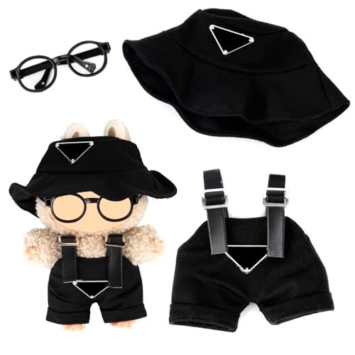 MOSA BEAR Clothes for LabubuNO Doll Hat Overalls Set for Labubu for LABUBU 17CM Dolls Handcrafted Crochet Clothes Set Premium Fashion Cute Outfit for Dress Up Play Collector Display Black - Image 1