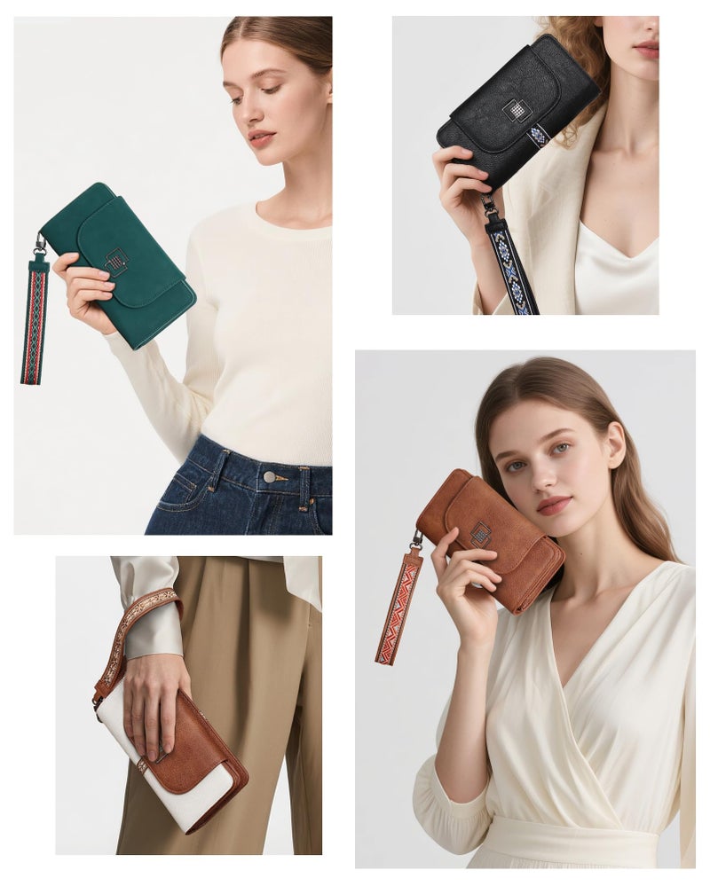 FADEON Leather Wallets for Women, Large RFID Blocking Trifold Wristlet Purse with Credit Card Holder Organizer Green - Image 2
