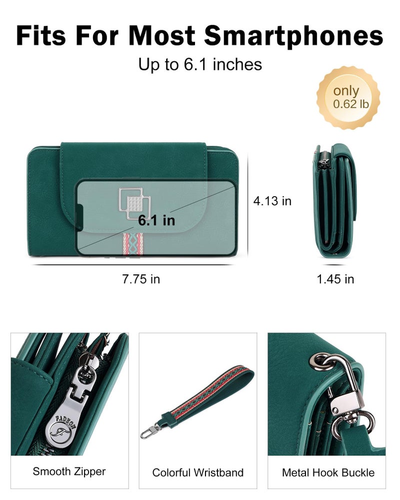 FADEON Leather Wallets for Women, Large RFID Blocking Trifold Wristlet Purse with Credit Card Holder Organizer Green - Image 4