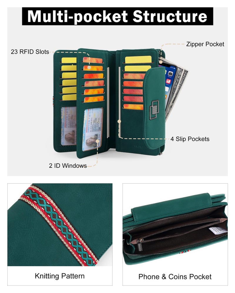 FADEON Leather Wallets for Women, Large RFID Blocking Trifold Wristlet Purse with Credit Card Holder Organizer Green - Image 3