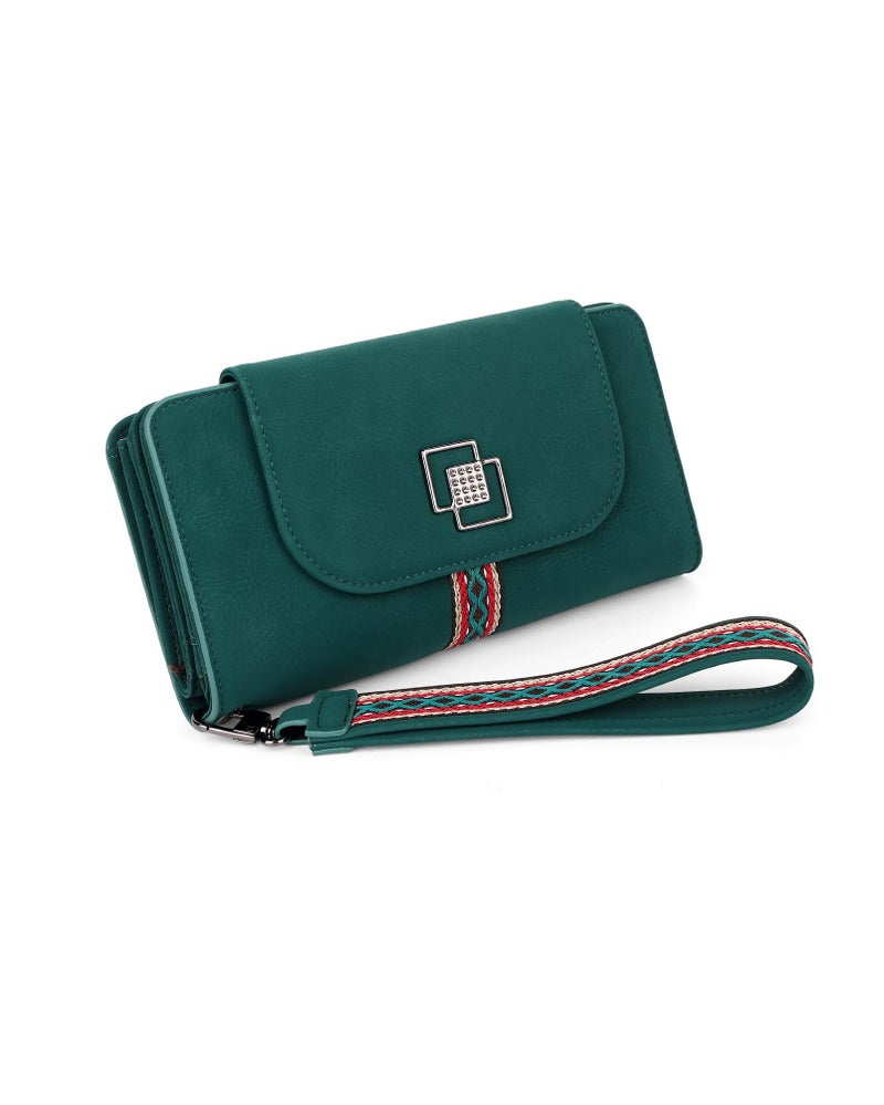 FADEON Leather Wallets for Women, Large RFID Blocking Trifold Wristlet Purse with Credit Card Holder Organizer Green - Image 1