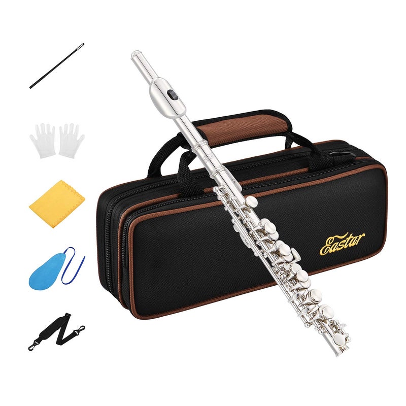 Eastar Piccolo Instrument for Beginners Students Key of C Flute Hard Case Cleaning Kit Gloves 2Piece Silver Plated EPC2S