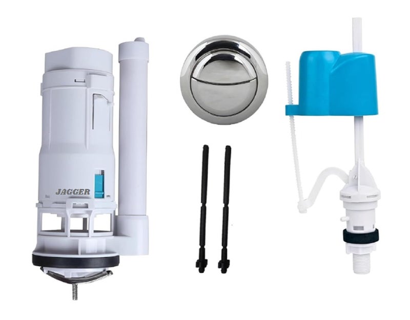 JAGGER صمام تدفق مزدوج بلاستيكي JAG346 للمرحاض، سيفون تدفق، صمام تعبئة مع مجموعة إصلاح المرحاض زر مطلي بالكروم للمرحاض المثبت مع خزان المرحاض (عالمي، 1) - Image 1