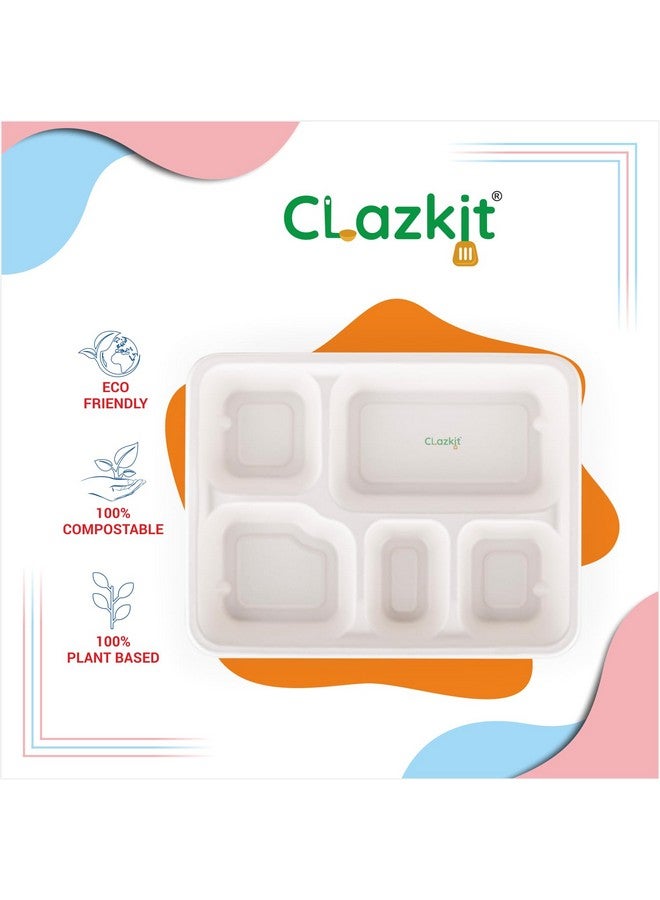 Clazkit 100 Pack, 5-Compartment Disposable Deep Tray | Compostable Bagasse Plates | Eco-Friendly Biodegradable Dinner Plates | Party, Wedding, Event Plates - Image 4