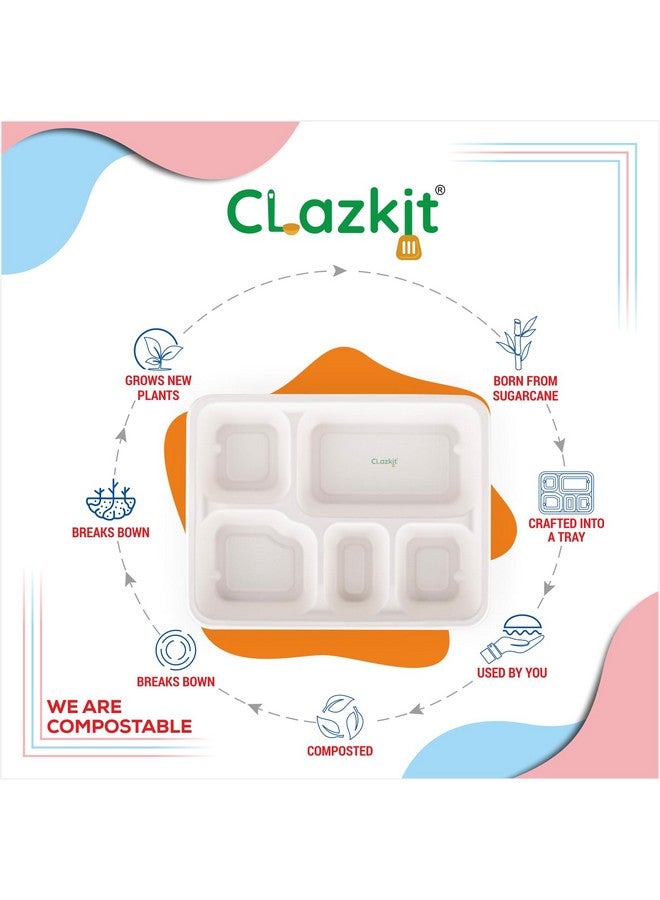 Clazkit 100 Pack, 5-Compartment Disposable Deep Tray | Compostable Bagasse Plates | Eco-Friendly Biodegradable Dinner Plates | Party, Wedding, Event Plates - Image 3