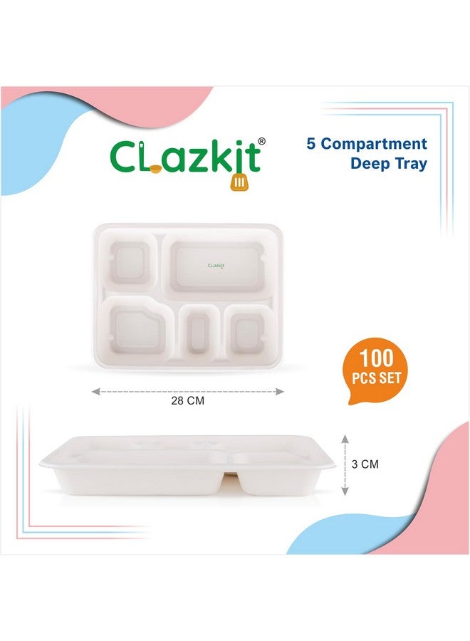 Clazkit 100 Pack, 5-Compartment Disposable Deep Tray | Compostable Bagasse Plates | Eco-Friendly Biodegradable Dinner Plates | Party, Wedding, Event Plates - Image 2