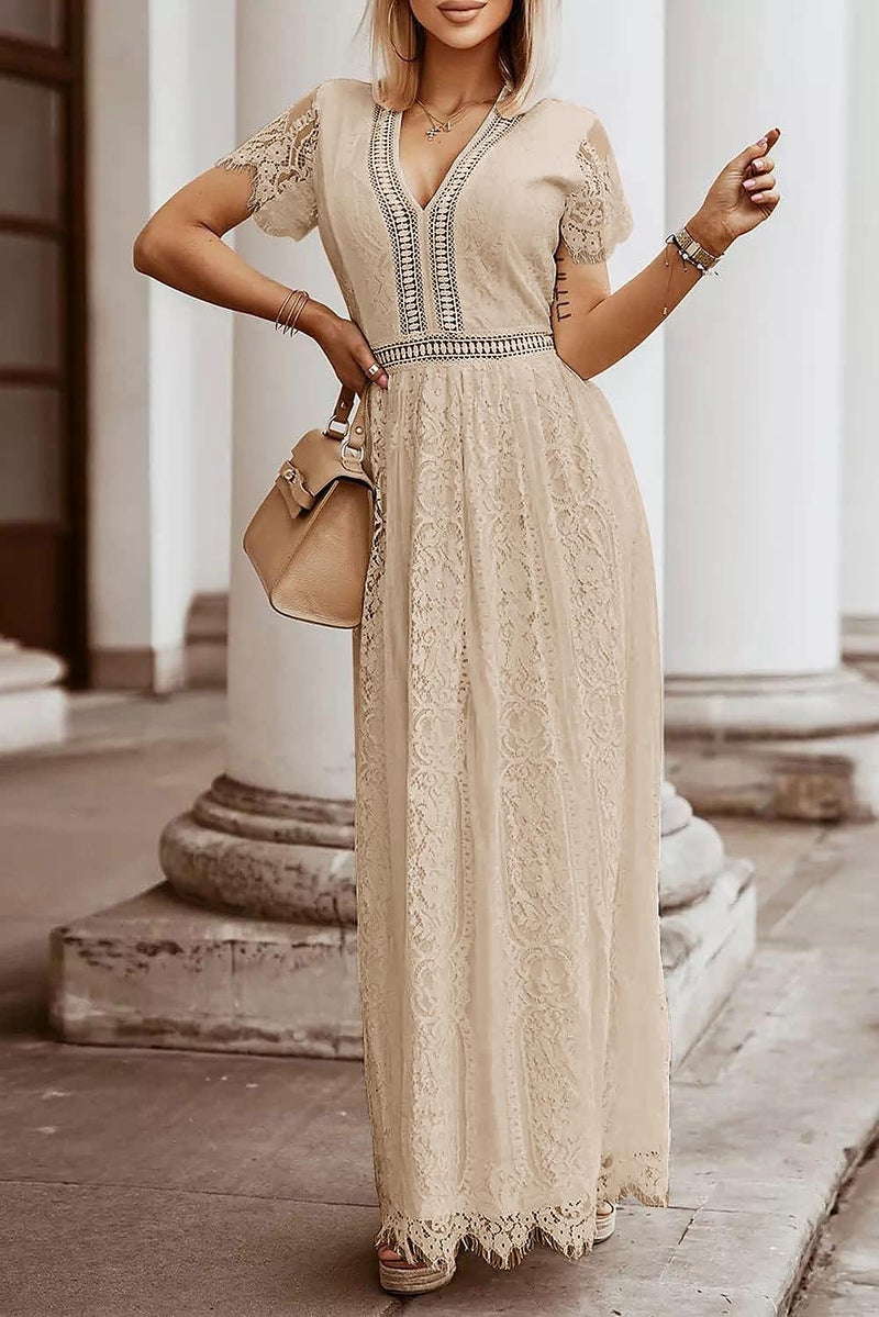MEROKEETY Women's 2024 V Neck Short Sleeve Floral Lace Wedding Dress Bridesmaid Cocktail Party Maxi Dress, Apricot, Medium - Image 2