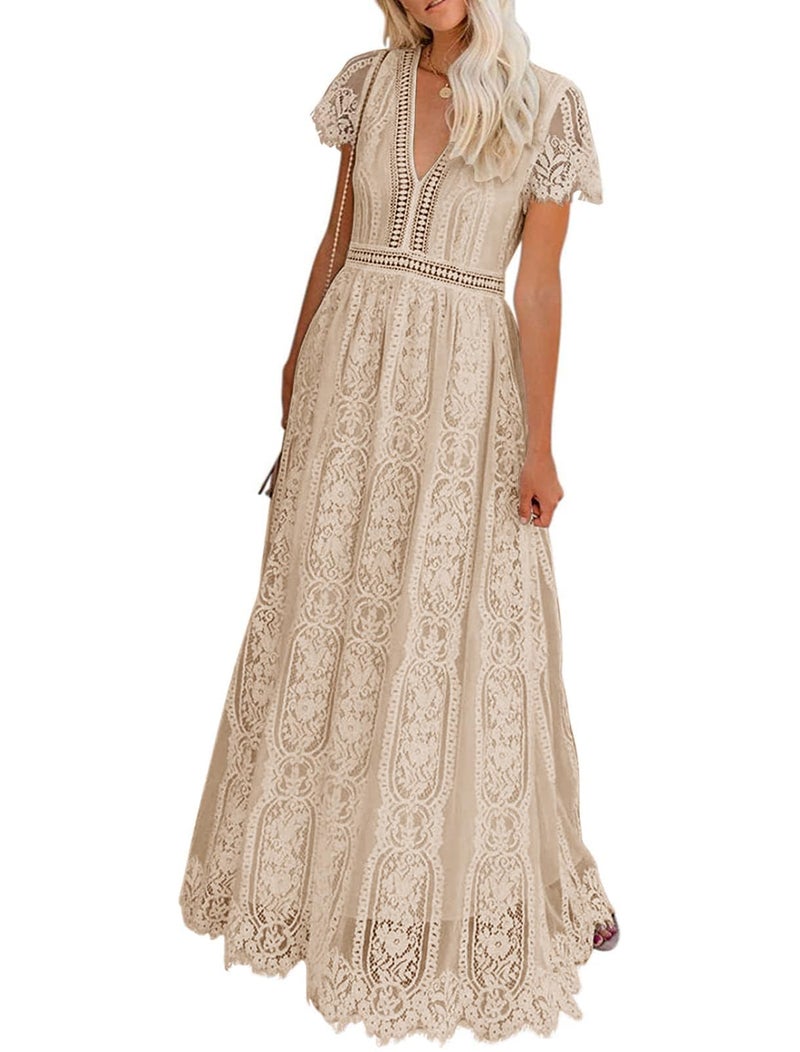 MEROKEETY Women's 2024 V Neck Short Sleeve Floral Lace Wedding Dress Bridesmaid Cocktail Party Maxi Dress, Apricot, Medium - Image 1