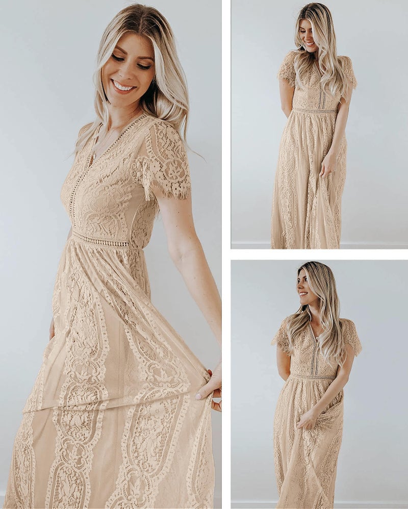 MEROKEETY Women's 2024 V Neck Short Sleeve Floral Lace Wedding Dress Bridesmaid Cocktail Party Maxi Dress, Apricot, Medium - Image 4