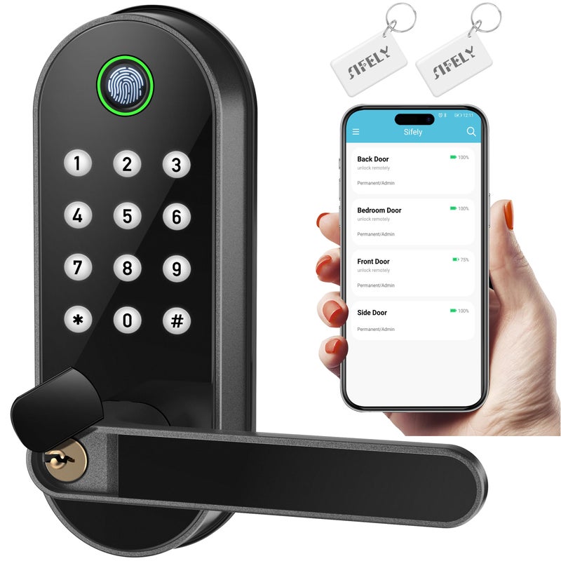 Sifely Fingerprint Smart Door Lock with Handle & Keypad â€“ Bluetooth Keyless Entry for Front Door, Home, Kids, Guests, Airbnb & Rental, App + Code Access, Compatible with Alexa & Google, Easy DIY Install - Image 1