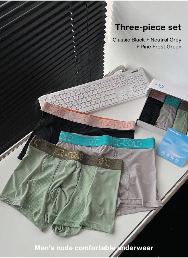 NIBEMINENT - 3-Piece Ice Silk Medium Waist Panties Breathable Quick-drying Men’s Teenager Boys Boxer Brief Antibacterial Underwear Set Black+Green+Light Grey - Image 1