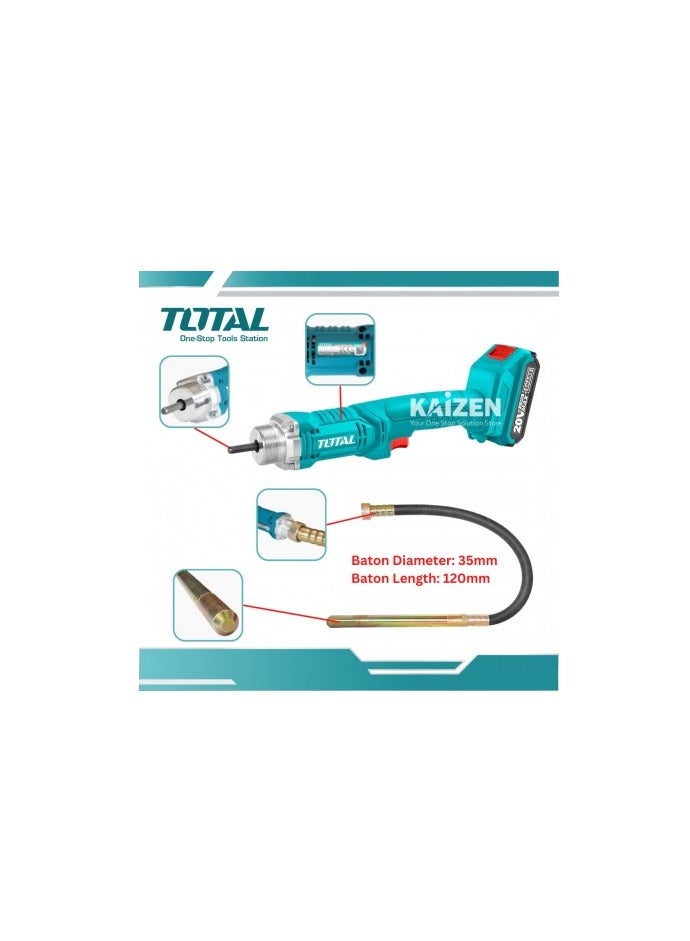 TOTAL TOTAL 20V Cordless Concrete Vibrator – 35mm x 1200mm Poker with 2.0Ah Battery & Fast Charger – Portable Tool for Concrete Compaction, Foundation & Slab Work – Model TCVLI2023011  - Image 2
