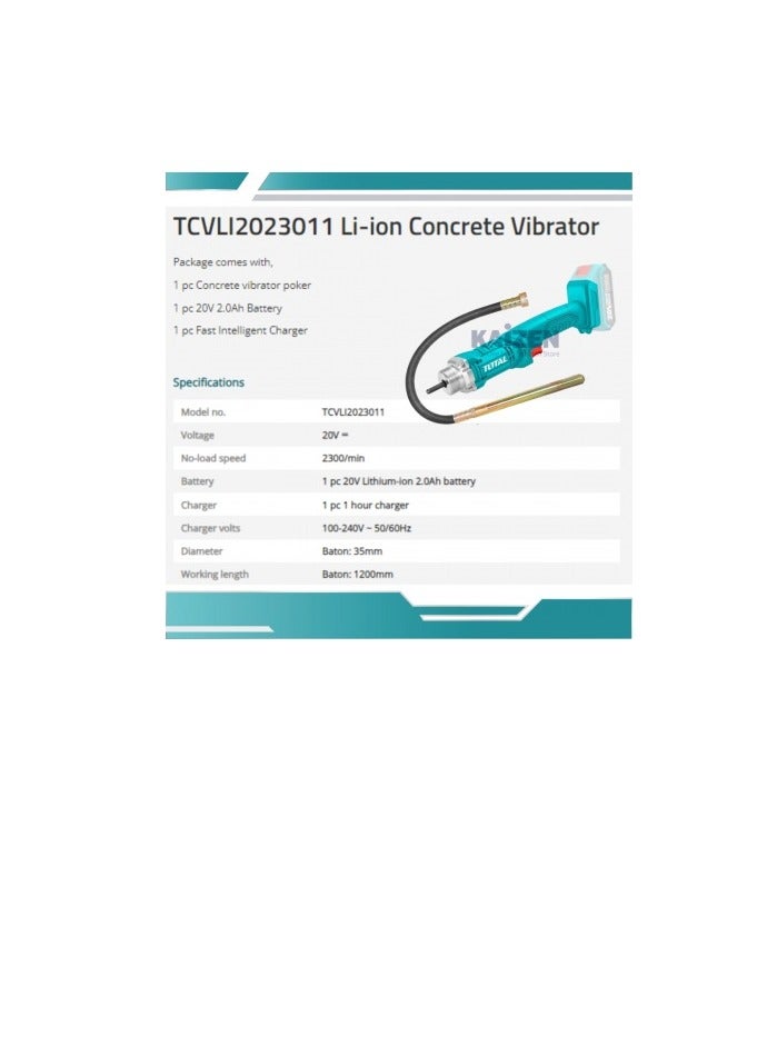 TOTAL TOTAL 20V Cordless Concrete Vibrator – 35mm x 1200mm Poker with 2.0Ah Battery & Fast Charger – Portable Tool for Concrete Compaction, Foundation & Slab Work – Model TCVLI2023011  - Image 3