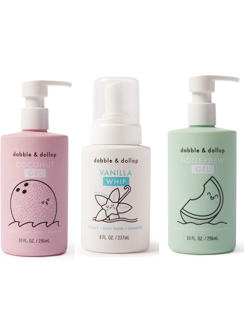 Dabble & Dollop - Dabble & Dollop Beachy Bundle, Natural Bubble Bath, Body Wash, Shampoo for Kids, USA-Made, Paraben & Sulfate Free, Vegan, Gluten-Free, Tear-Free, Honeydew Melon, Vanilla & Coconut (Set of 3) - Image 1