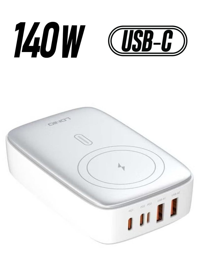 ELTRAZONE 140W Multi-Port Desktop Charger – 5 Ports GaN PD Fast Portable Type-C Charger for Laptop, Tablet & Mobile Phones, White - Image 1