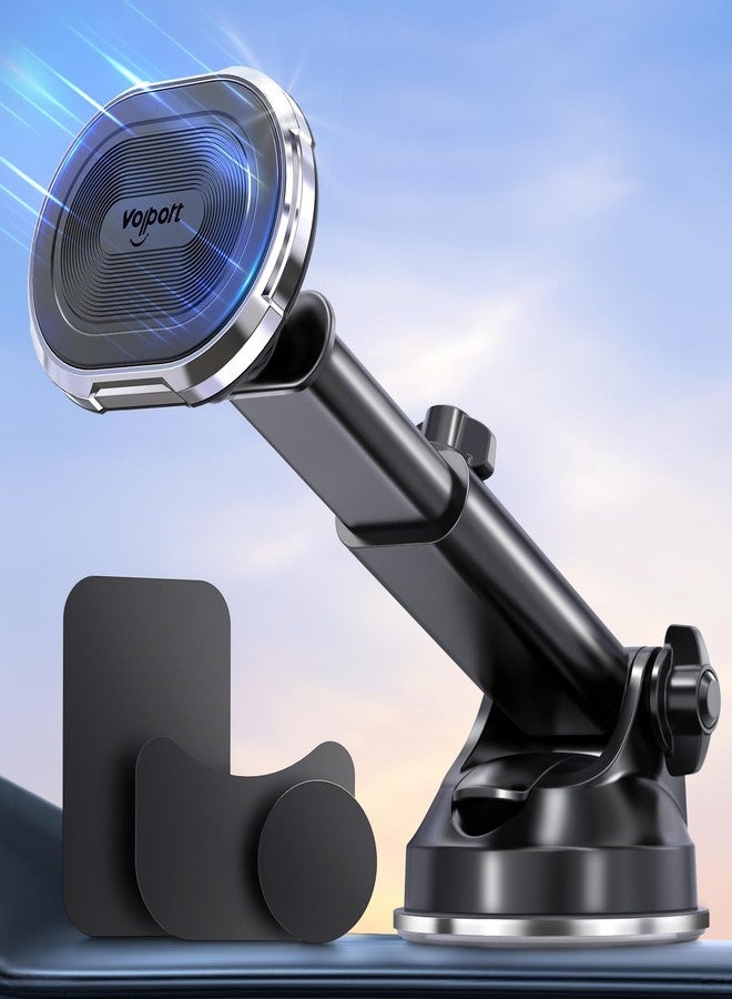 volport Magnetic Phone Holder for Car, Industrial-Strength Suction Cup Phone Mount Windshield Dashboard, Strong Magnets Adjustable Phone Mount for Phone, Requires Metal Plate (3 Included) for Use - Image 1