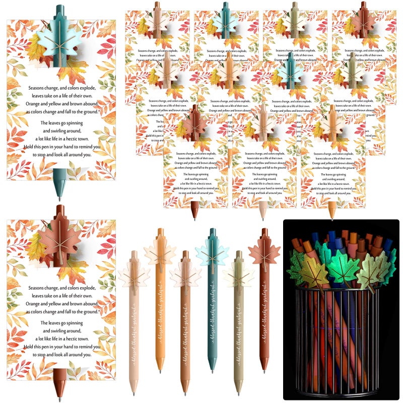 Sayglossy 60 Set Christmas Friendsmas Gifts Bulk Fall Ballpoint Pen Luminous Maple Leaf Pens with Greeting Card Autumn Maple Leaves Themed Gift for Christmas Teacher Coworker Employee - Image 2