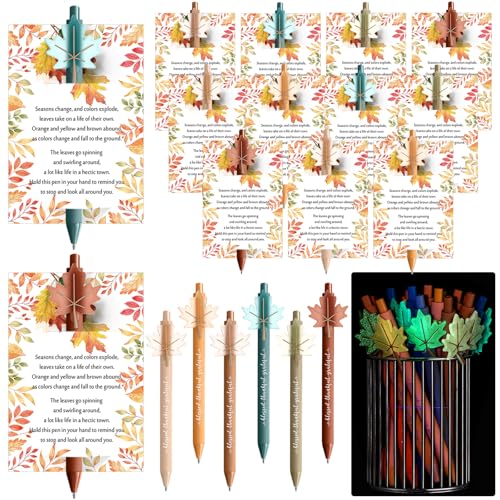 Sayglossy 60 Set Christmas Friendsmas Gifts Bulk Fall Ballpoint Pen Luminous Maple Leaf Pens with Greeting Card Autumn Maple Leaves Themed Gift for Christmas Teacher Coworker Employee - Image 1
