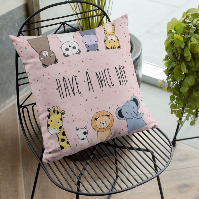 Hopcara Hopcara Cute Animal Have a Nice Day Printed Cushion with Filler for Kids Living Room Bedroom Sofa Throw Pillow Velvet 12x12 Inches  - Image 1