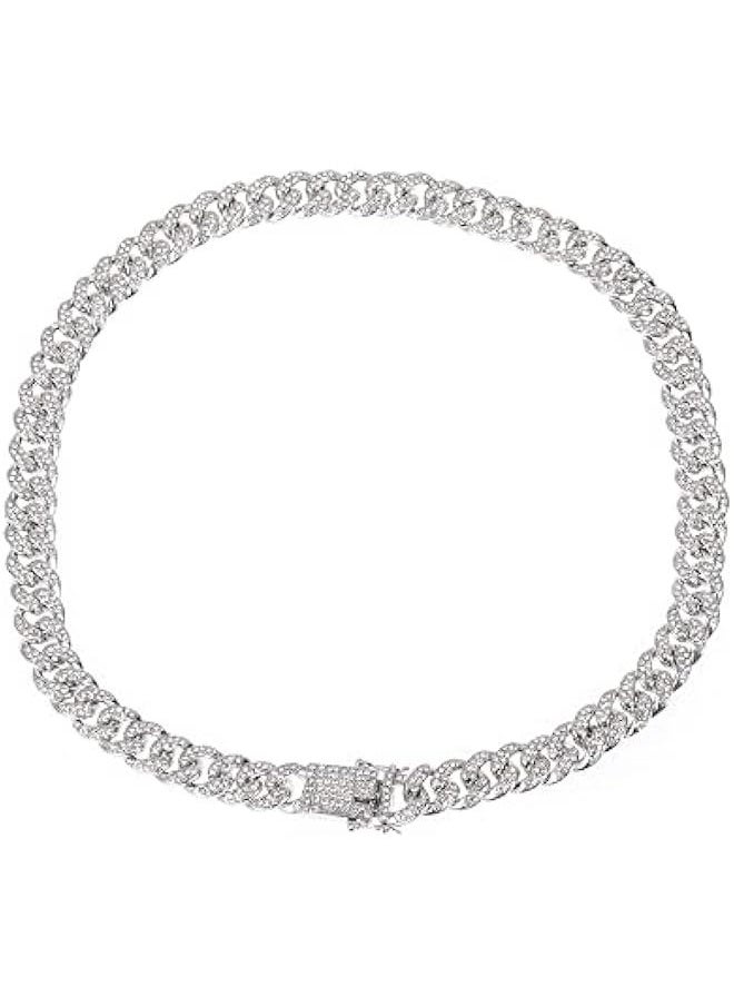 Mens Cuban Link Chain,Hip Hop Chain Jewelry Silver Cuban Necklace Bling Rhinestone(Silver-45cm)  - Image 1