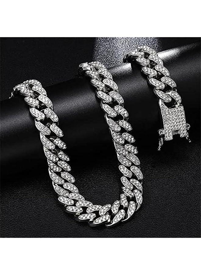 Mens Cuban Link Chain,Hip Hop Chain Jewelry Silver Cuban Necklace Bling Rhinestone(Silver-45cm)  - Image 2