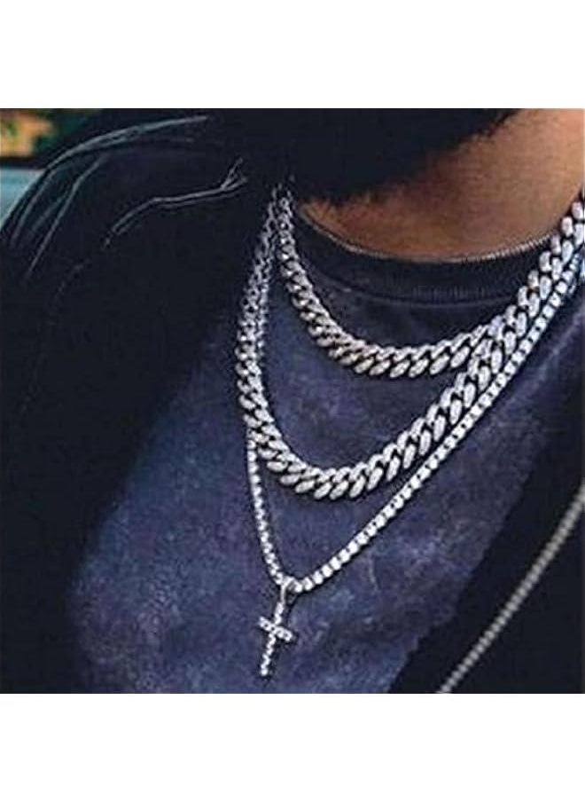 Mens Cuban Link Chain,Hip Hop Chain Jewelry Silver Cuban Necklace Bling Rhinestone(Silver-45cm)  - Image 3