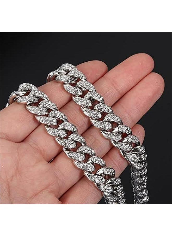 Mens Cuban Link Chain,Hip Hop Chain Jewelry Silver Cuban Necklace Bling Rhinestone(Silver-45cm)  - Image 4