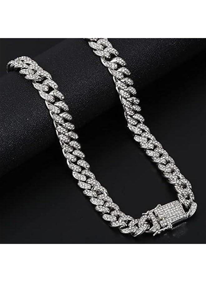 Mens Cuban Link Chain,Hip Hop Chain Jewelry Silver Cuban Necklace Bling Rhinestone(Silver-45cm)  - Image 5