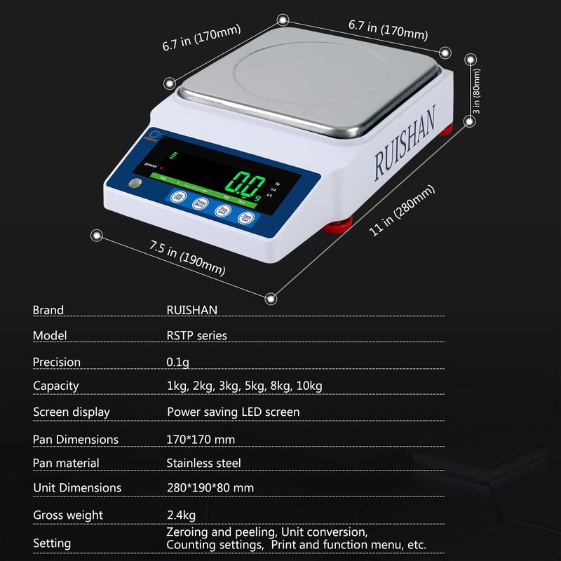 RUISHAN Large Range 10kg x 0.1g Precision Lab Balance Scale Grain/Gram Scale Scientific Scale Calibrated Scale Industrial Laboratory Weighing and Counting Scale Table Top Scale | for Lab, Jewelry - Image 4
