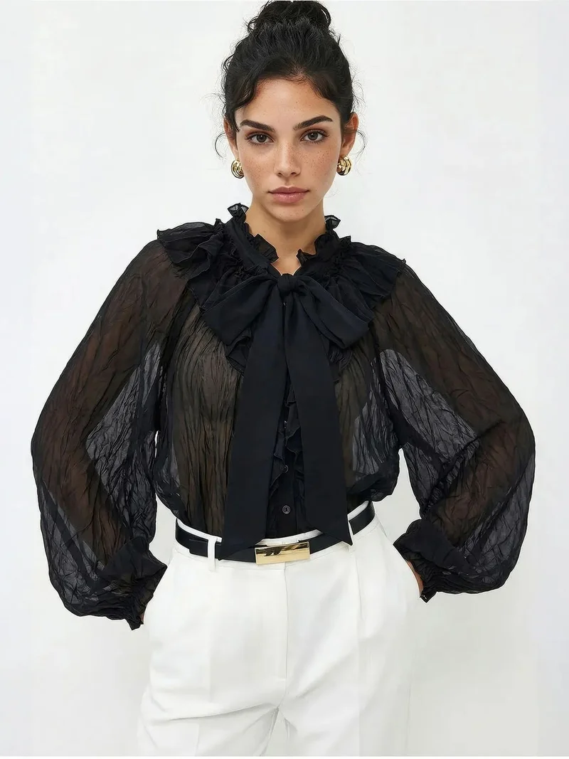 بيانكو لوتشي LUCCI Button-Up Crepe Blouse with Bow Detail