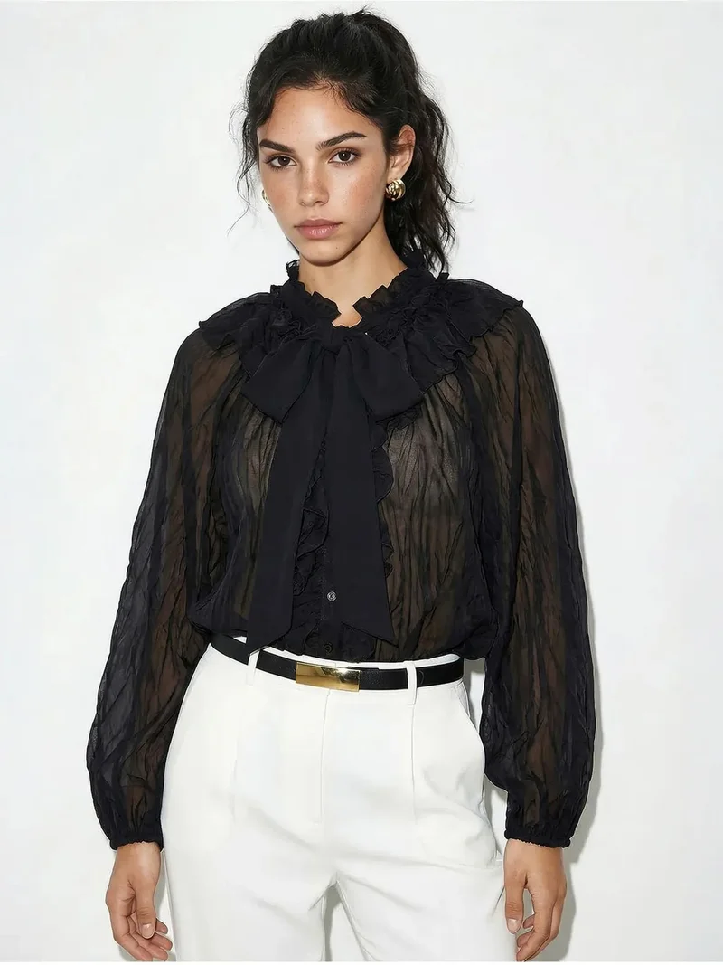 بيانكو لوتشي LUCCI Button-Up Crepe Blouse with Bow Detail