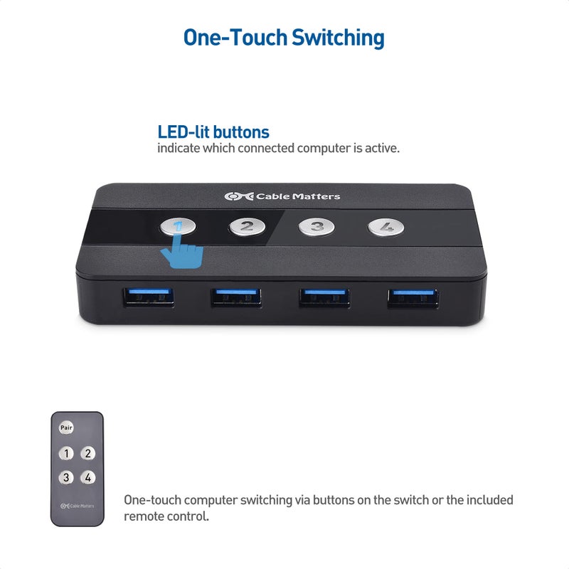 Cable Matters 4 Port USB 3.0 Switch USB Sharing Switch for 4 Computers and Peripherals - Button or Wireless Remote Control Switching - Includes a USB-C Adapter for USB-C USB4 and Thunderbolt 4 - Image 5
