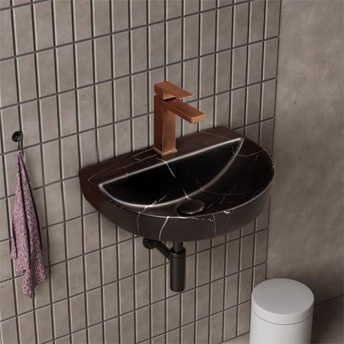 MAHISRE Premium Wall Hung Ceramic Wash Basin For Bathroom | Modern Space-Saving Wall-Mounted Bathroom Sink for Homes, Hotels & Offices (18 x 13 x 5.5 Inch) (Black White Strip) - Image 1