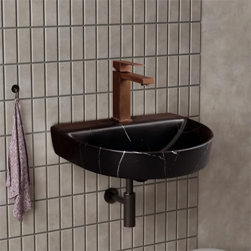 MAHISRE Premium Wall Hung Ceramic Wash Basin For Bathroom | Modern Space-Saving Wall-Mounted Bathroom Sink for Homes, Hotels & Offices (18 x 13 x 5.5 Inch) (Black White Strip) - Image 2