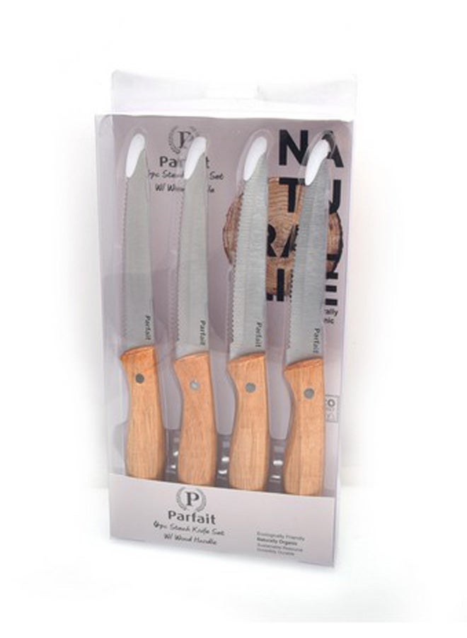 طقم سكاكين ستيك من  قطع بمقبض خشبي فضي وبني