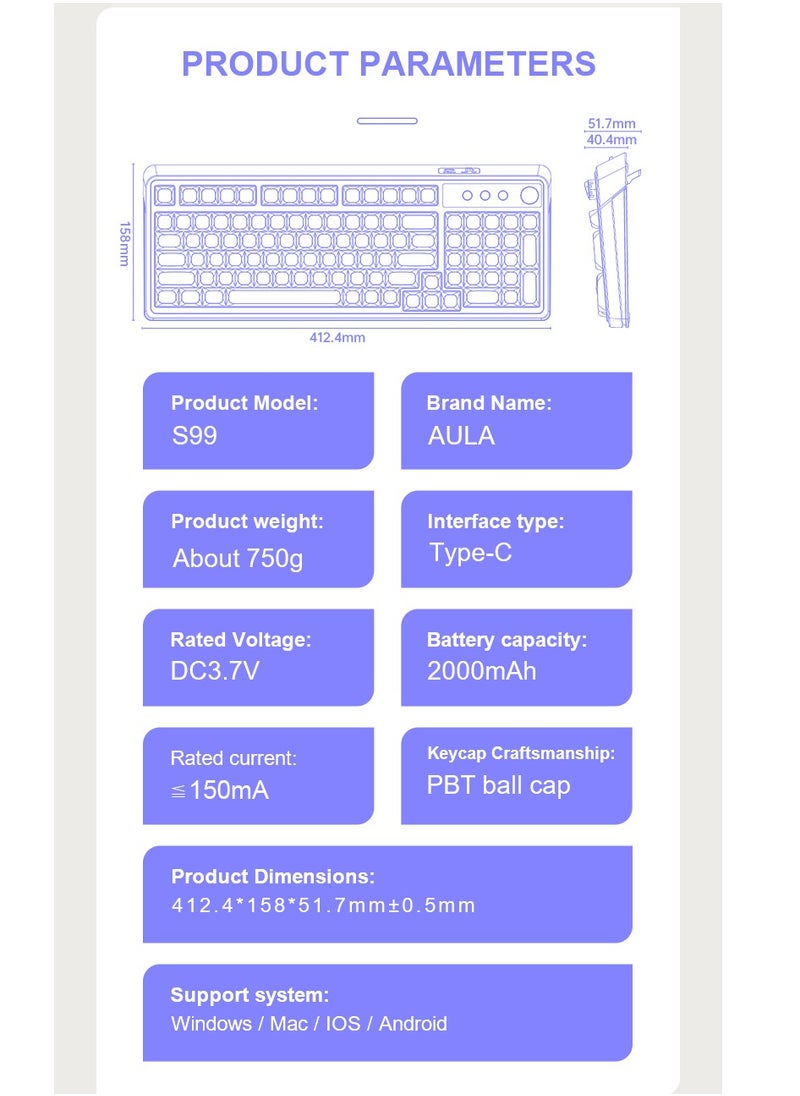 S99 Keys Creamy Gaming Keyboard, Tri-Mode Bluetooth/2.4GHz/USB-C Retro Keyboard with NumberPad RGB Backlit, Media Knob Programmable Membrane Computer Keyboard - pzsku/Z8FD20511062E182FC178Z/45/_/1724770594/99347bd6-7779-4d66-be36-59a219e3c1e8