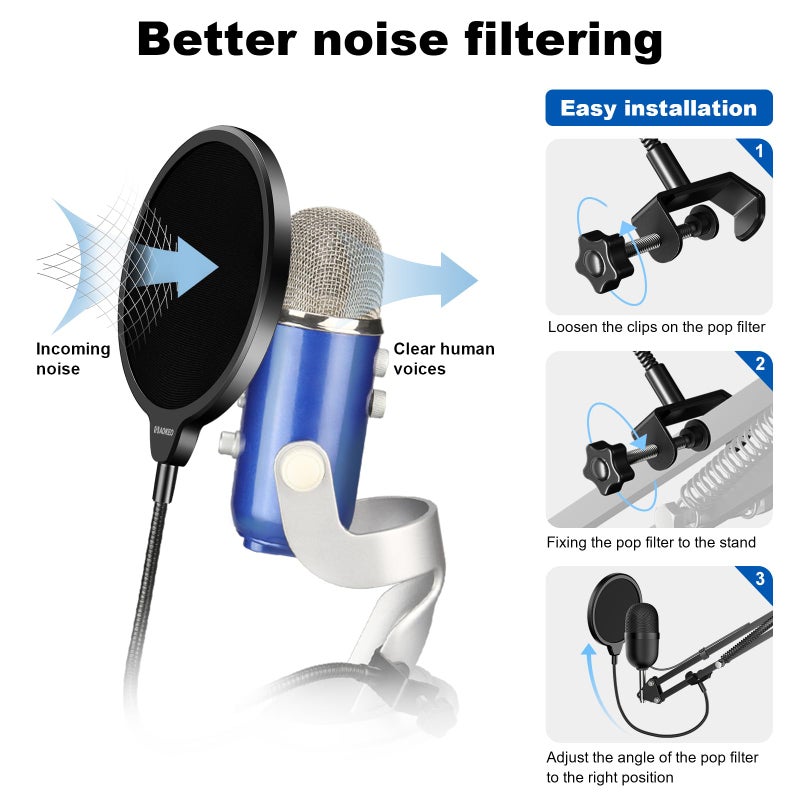 Aokeo Professional Microphone Pop Filter Mask Shield For Blue Yeti and Any Other Microphone, Mic Dual Layered Wind Pop Screen With A Flexible 360° Gooseneck Clip Stabilizing Arm - Image 3