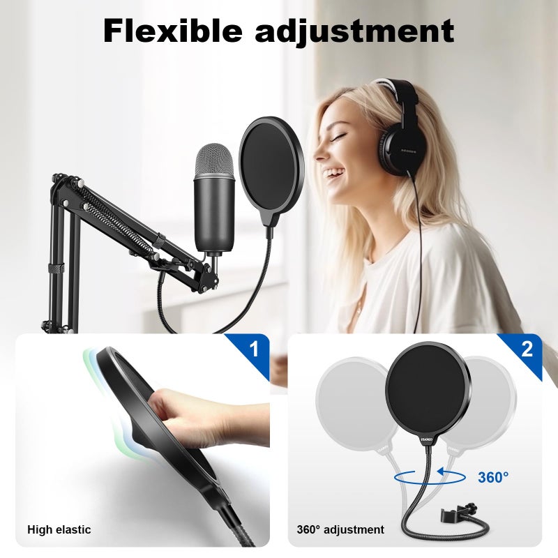 Aokeo Professional Microphone Pop Filter Mask Shield For Blue Yeti and Any Other Microphone, Mic Dual Layered Wind Pop Screen With A Flexible 360° Gooseneck Clip Stabilizing Arm - Image 5
