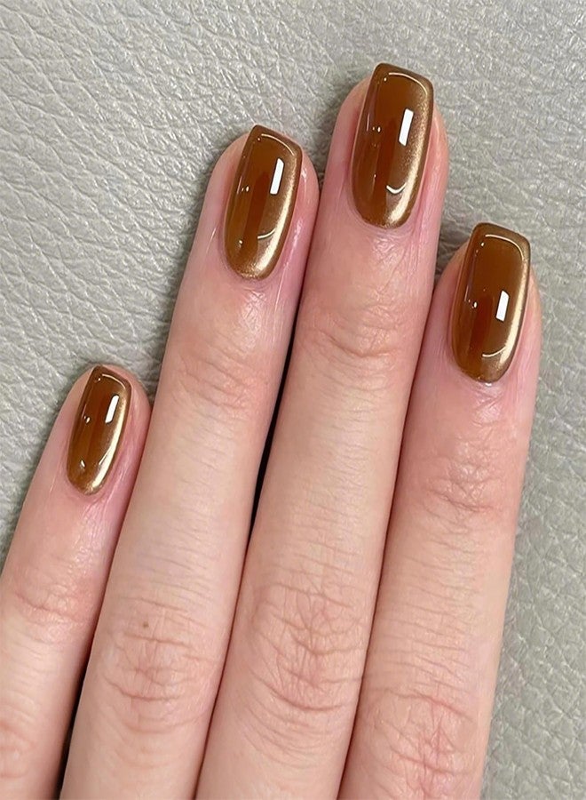 Cat Eye Press on Nails - Brown Fake Nails | Short Square Acrylic Nails with Jelly Glue,Glitter False Nails with Magnetic Effect | Stick on Nail for Women Girls | 12 Size-24Pcs