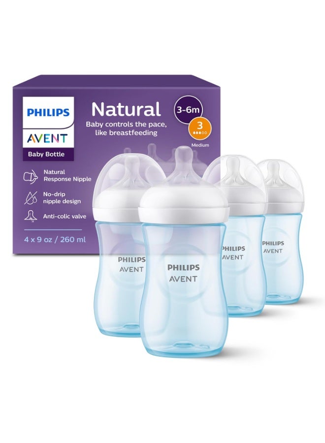 Philips Philips Avent Natural Baby Bottles with Natural Response Nipples (Medium Flow, Flow 3), 9oz, Blue, 4-Pack, SCY903/24 - Image 1