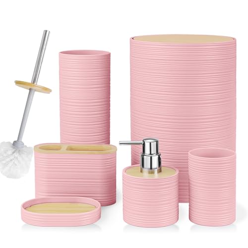 CERBIOR Bathroom Accessories Set 6 Piece Bamboo Bath Ensemble Includes Soap Dispenser Toothbrush Holder Toothbrush Cup Soap Dish for Decorative Countertop and Housewarming Gift Sriral Pink - Image 1