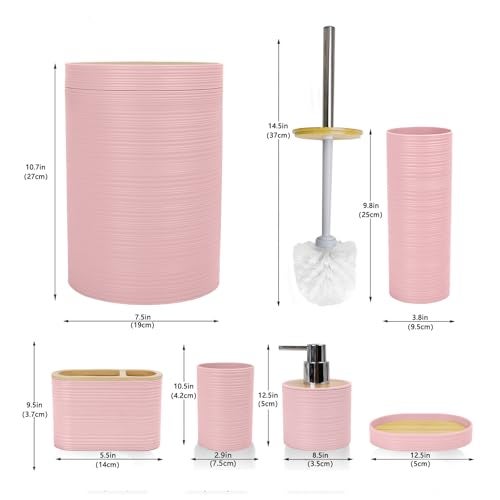 CERBIOR Bathroom Accessories Set 6 Piece Bamboo Bath Ensemble Includes Soap Dispenser Toothbrush Holder Toothbrush Cup Soap Dish for Decorative Countertop and Housewarming Gift Sriral Pink - Image 3