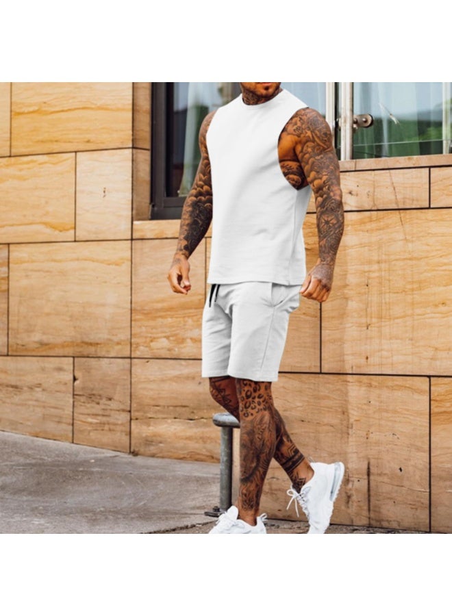 Sporty Casual Thin Five-Point Shorts Sleeveless Top Solid Color Shoulder Short Pants Two-Piece Set for Men Comfortable Breath - Image 1