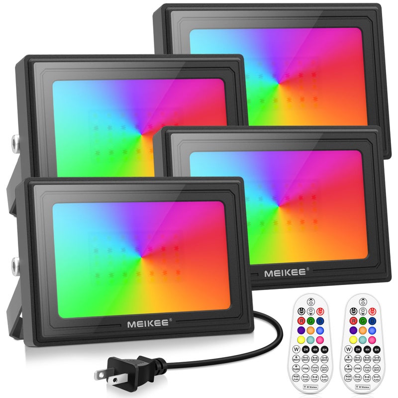 MEIKEE 25W AC120V RGB LED Flood Lights, 2500LM 250W Equivalent RGB Color Changing LED Floodlights with Plug, IP66 Waterproof Outdoor Indoor Dimmable Wall Flood Lights Party Stage Lights (4 Pack) - Image 1